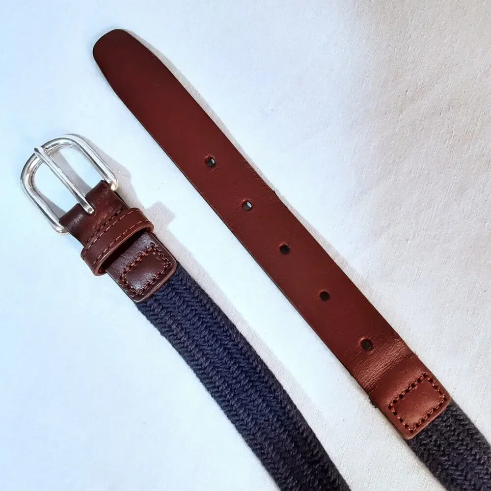 💎Crewcut Boys Braided Elastic Belt Size Medium Navy Blue Bungee Brown Leather